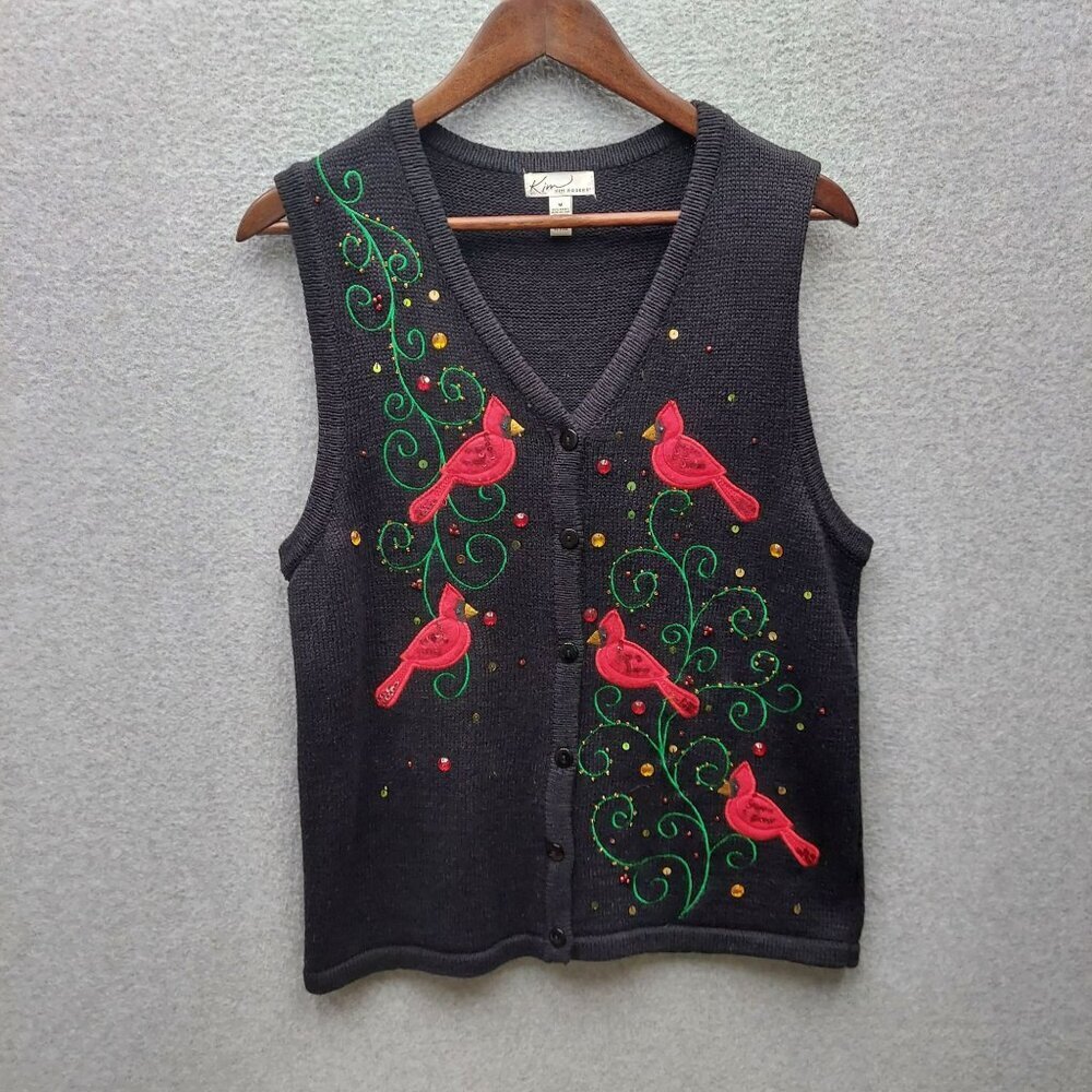 Vintage Kim Rogers Embroidered Cardinal Vest Sleeveless Knit Black Cardigan